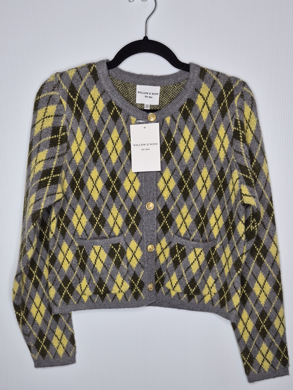 NWT Willow & Wind Argyle Cardigan Gray/yellow Size Medium